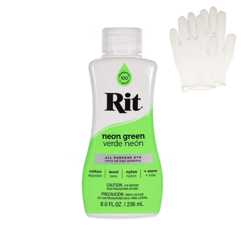 Rit All Purpose Neon Green 8 Fl Oz Liquid Dye for Cotton, Linen, Rayon, Silk, Wool, and Nylon Fabrics – Neon Green 8 Fl Oz. with Gloves Included