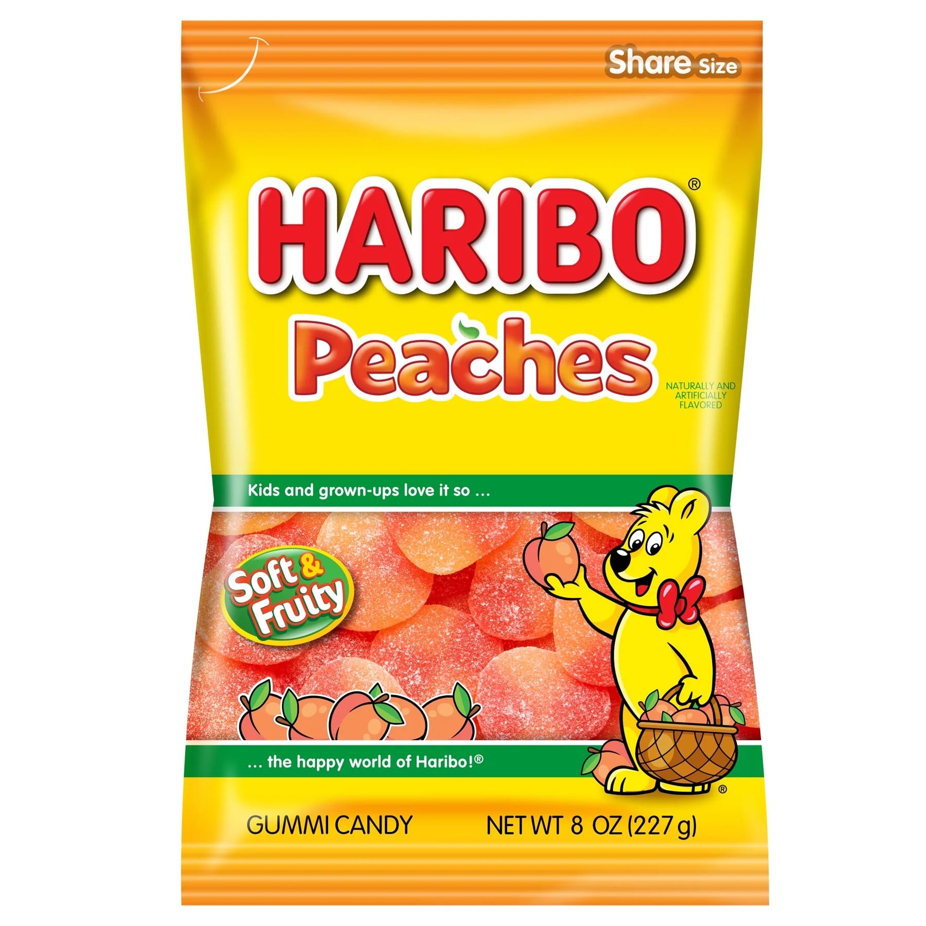 HARIBO Peaches Gummies Fruity Peach Flavor Gummy Candy, 8Oz, Share Size Bag