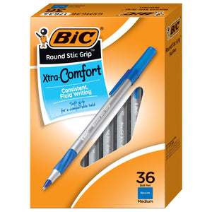 BIC round Stic Grip Xtra Life Ball Pen, Medium Point (1.2Mm), Blue, 36-Count
