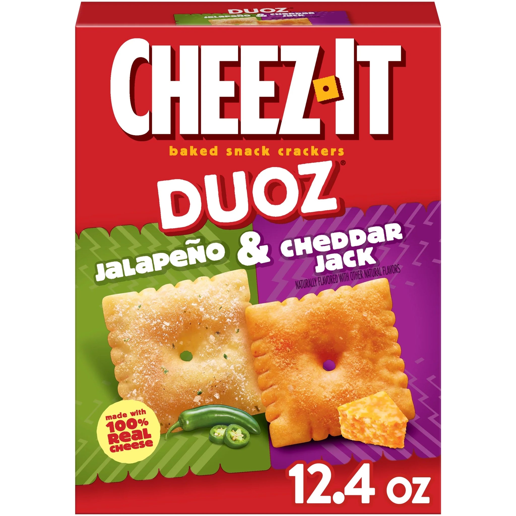 Cheez-It 12.4 Oz DUOZ Jalapeño and Cheddar Jack Baked Snack Crackers, Lunch Snacks, 12.4 Oz