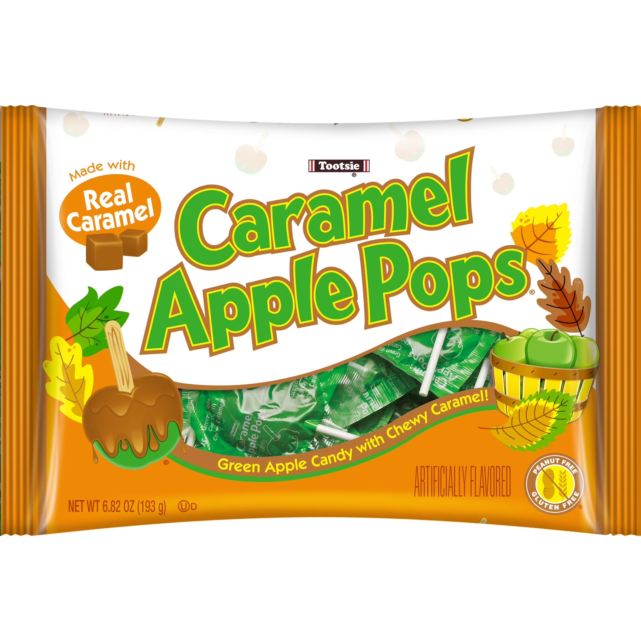 Tootsie Caramel Apple Lollipops, Green Apple Flavored, 6.82 Oz. Gluten Free, Peanut-Free, Contains Milk & Soy.