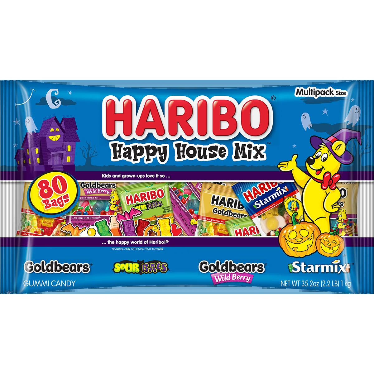 HARIBO Happy House Mix Halloween Assorted Fruit Flavor and Shapes Gummy Candy, 32Oz Bag, 80Ct Mini Gummy Pouches