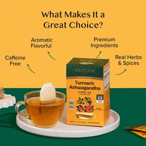 VAHDAM, Organic Turmeric Ashwagandha Herbal Tea Bags (18 Count) Caffeine Free, Eco-Friendly Tea Bags