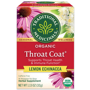 Traditional Medicinals Bundle: Organic Throat Coat Lemon Echinacea, Tea Bags, 16 Count and Organic Throat Coat Drops- Lemon Ginger Echinacea 16 Ct