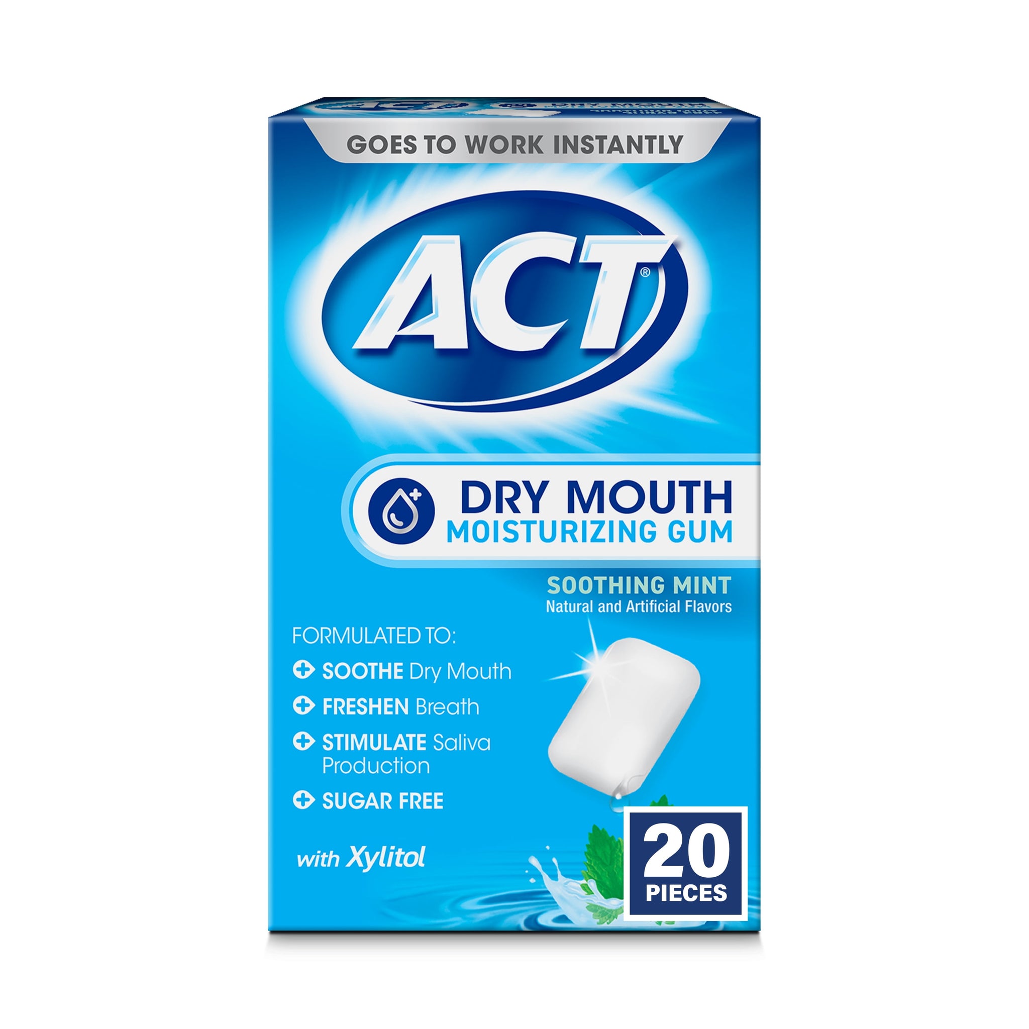ACT Dry Mouth Moisturizing Gum with Xylitol, Soothing Mint, 20 Ct.