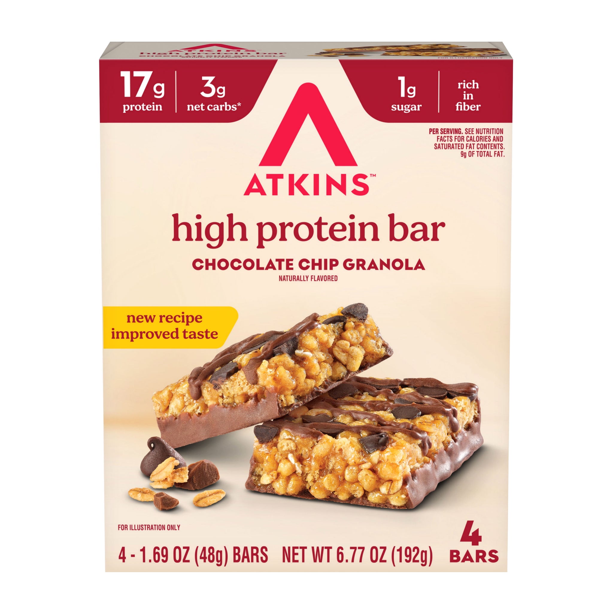 Atkins High Pr 17G 4 CT Chocolate Chip Bars, Chocolate Chip Granola Flavored, 17G of Protein, 4 Count