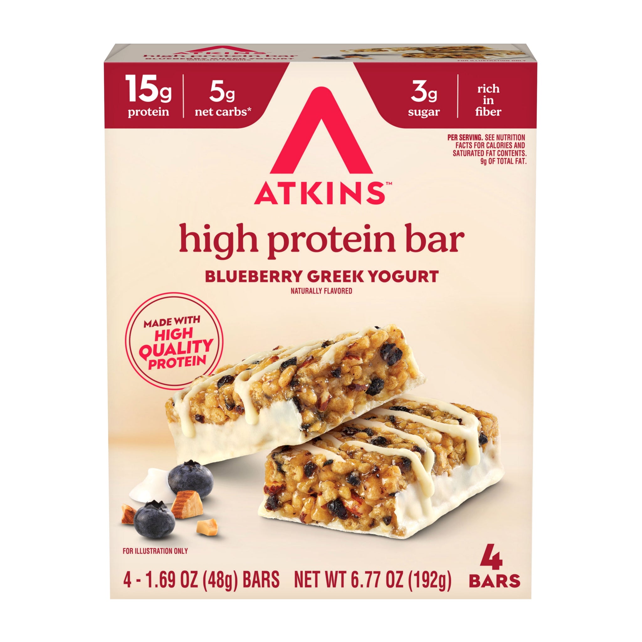 Atkins High Pr 4 CT Blueberry Greek Yogurt High Protein Bars, Blueberry Greek Yogurt Flavored, 15G of Protein, 4 Count