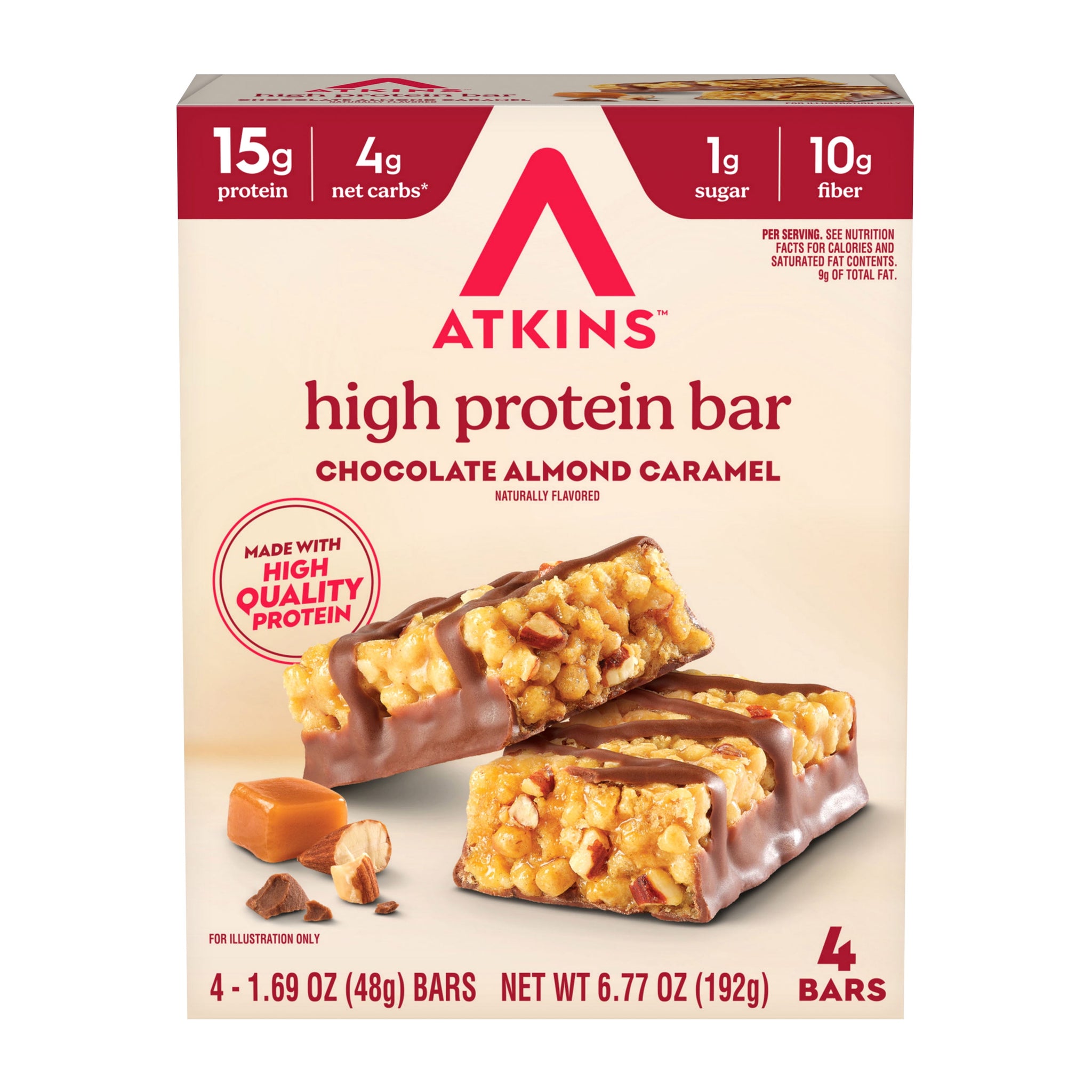 Atkins High Pr 4 Ct Chocolate Almond Caramel Bars, Chocolate Almond Caramel Flavored, 15G of Protein, 4 Count