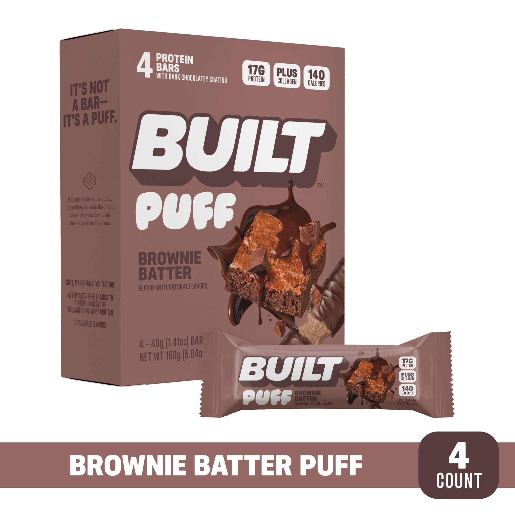 BUILT Puff 1.41 Oz 4CT Brownie Batter Protein Bar, Brownie Batter, 17G Protein, Collagen, 140 Calories, 4 Count Box, 1.41 Oz Bars