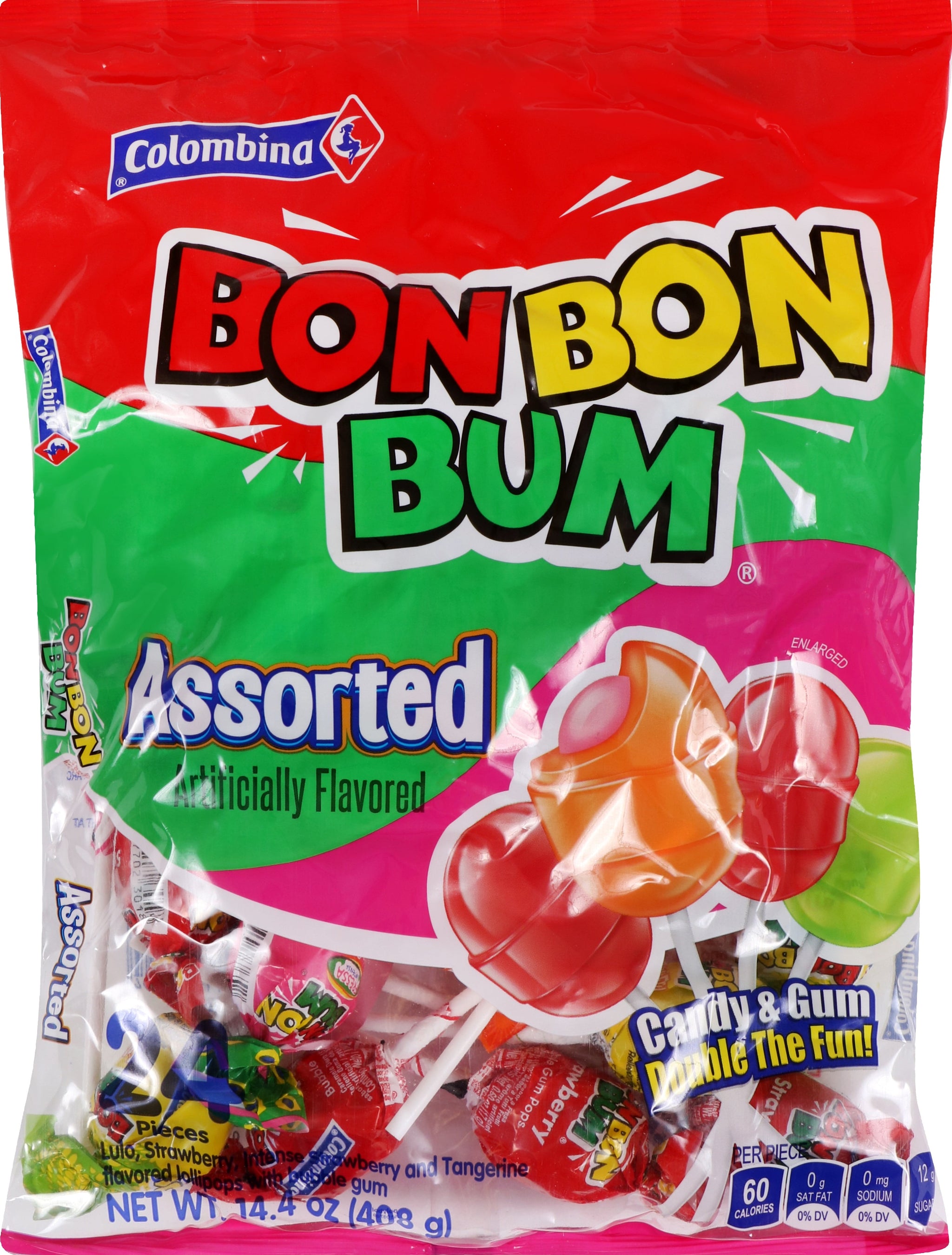 Colombina Bon Bon Bum Lollipops W/Bubble Gum Center - Classic Assorted Flavor, 1 Pack of Individually Wrapped Gluten Free Pops, Ideal Holiday Candy and Party Favors, (24 Count)