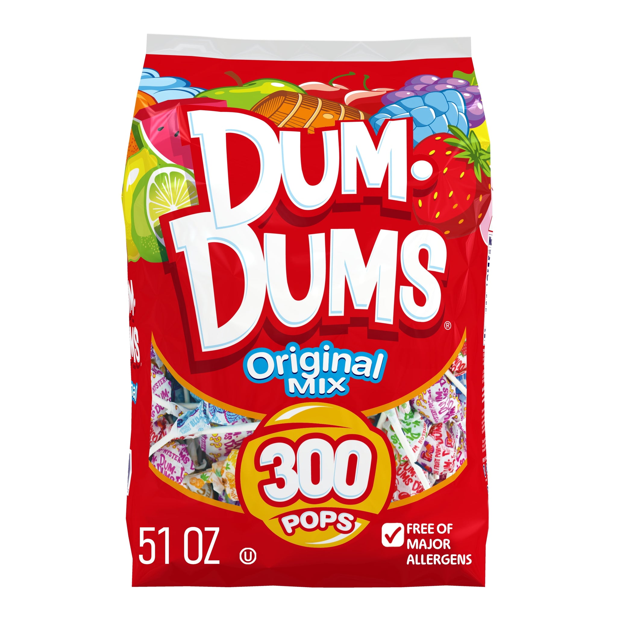 Dum Dums Original Flavor Mix Lollipops & Suckers, Party Candy Hard Candy, 300 Count 51 Oz Bag