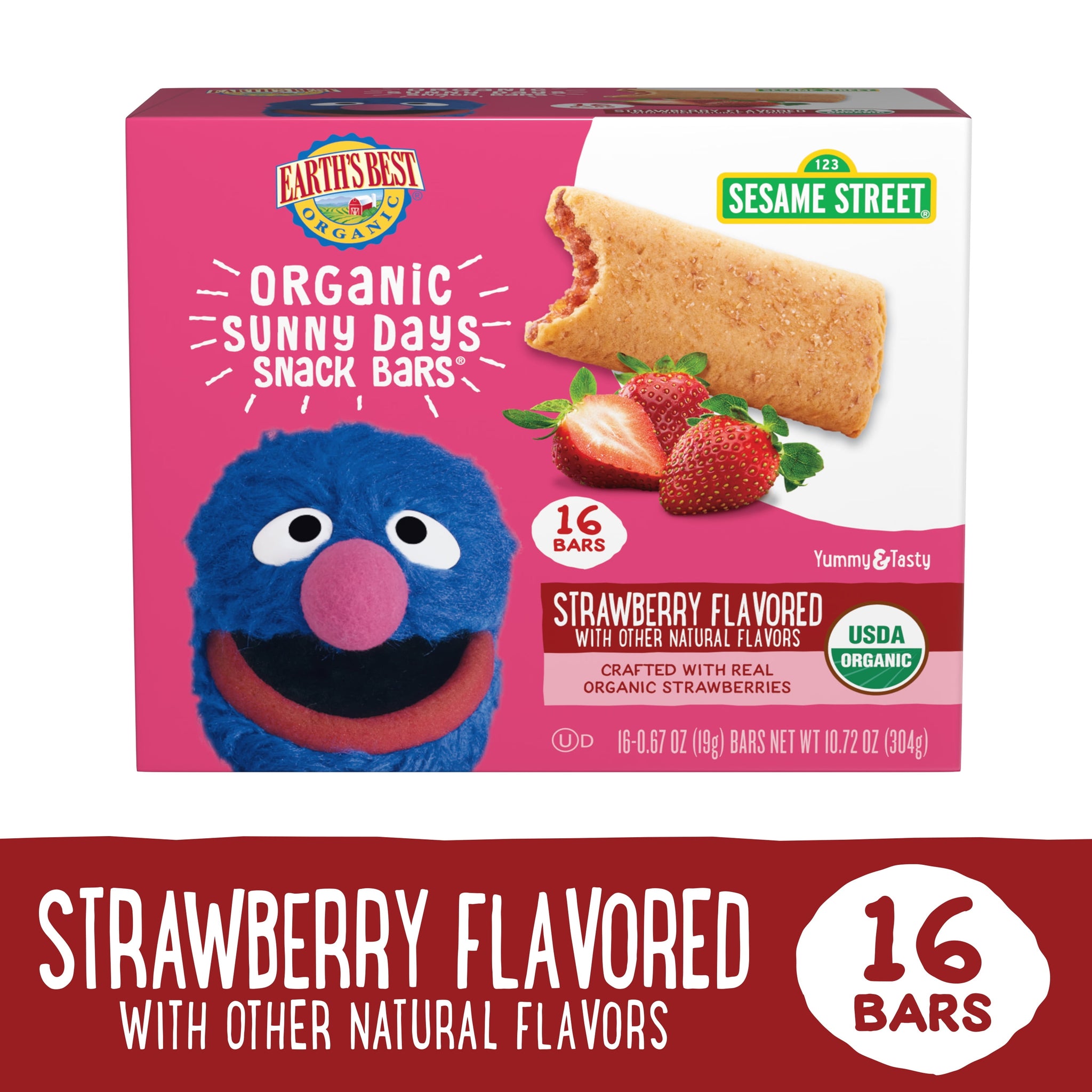 Earth'S Best 10.72 Oz 16CT Strawberry Organic Sesame Street Strawberry Sunny Days Snack Bars, 10.72 Oz Box (16 Count)