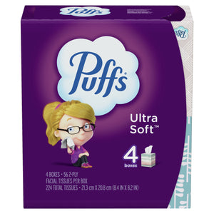 Puffs Ultra Soft Facial Tissues, Cube, 56 Facial Tissues per Box, 4 Count