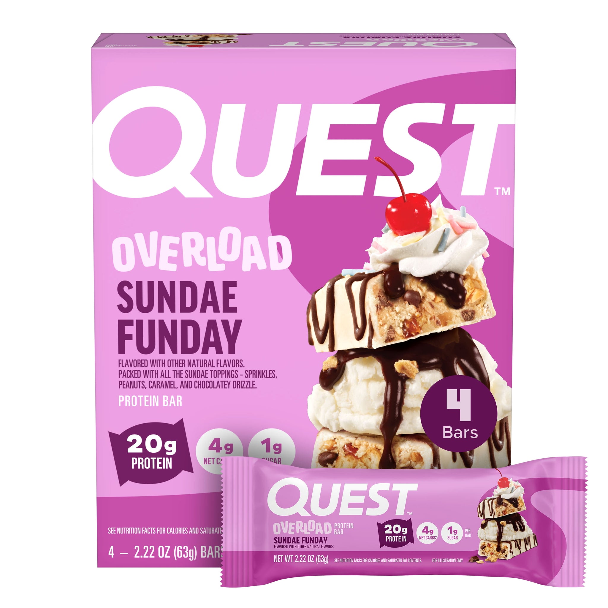 Quest Overload 4 CT 20G GF Sundae Funday Protein Bar, Sundae Funday Flavor, Protein Bars, Gluten-Free, 4 Count