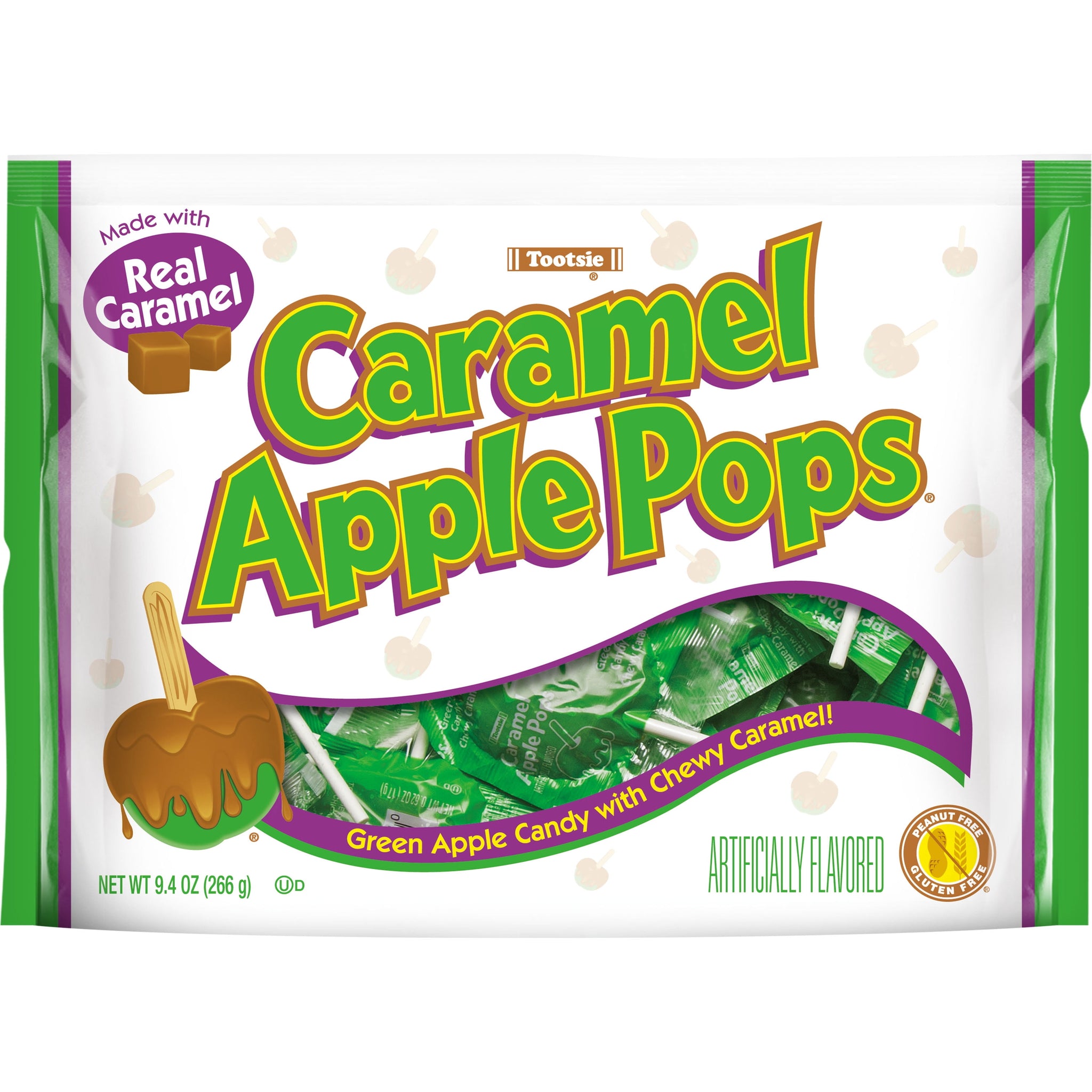 Tootsie Caramel Apple Pops, 9.4 Oz. Gluten Free, Peanut Free. Contains Milk and Soy.