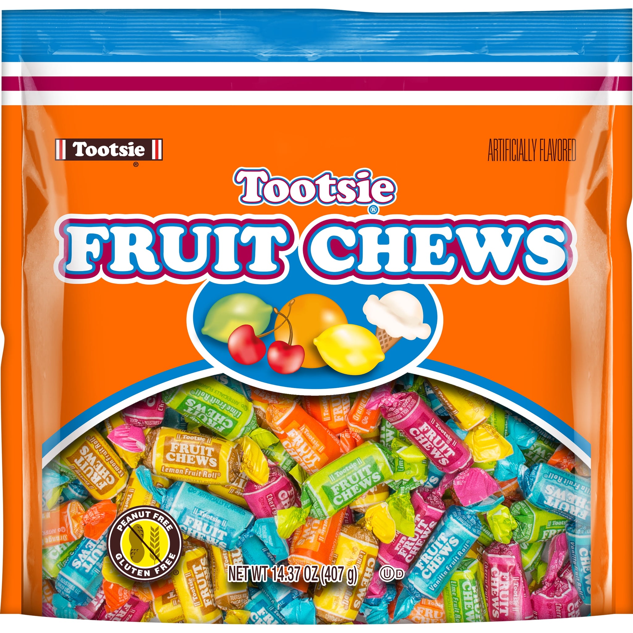 Tootsie Roll Fruit Chews, Assorted Fruit Flavors, 14.37 Oz. Gluten Free, Peanut Free. Contains Milk and Soy.
