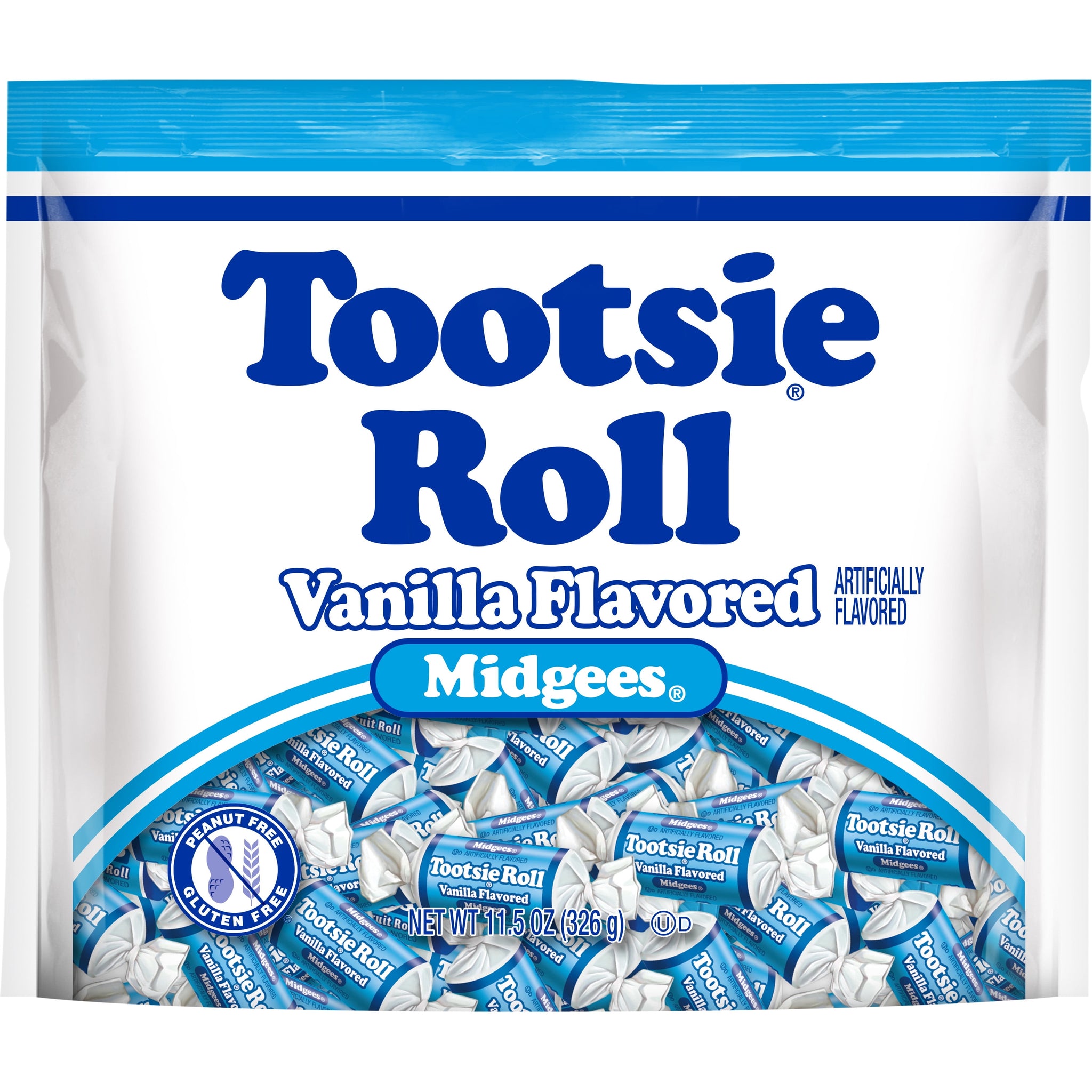 Tootsie Roll, Vanilla Midgees, 11.5 Oz. Peanut Free, Gluten Free. Contains Milk and Soy.