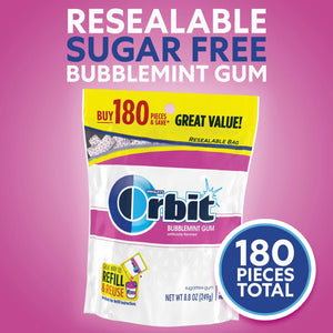 Orbit Bubblemint Sugar Free Chewing Gum, Value Pack - 180 Ct Bag