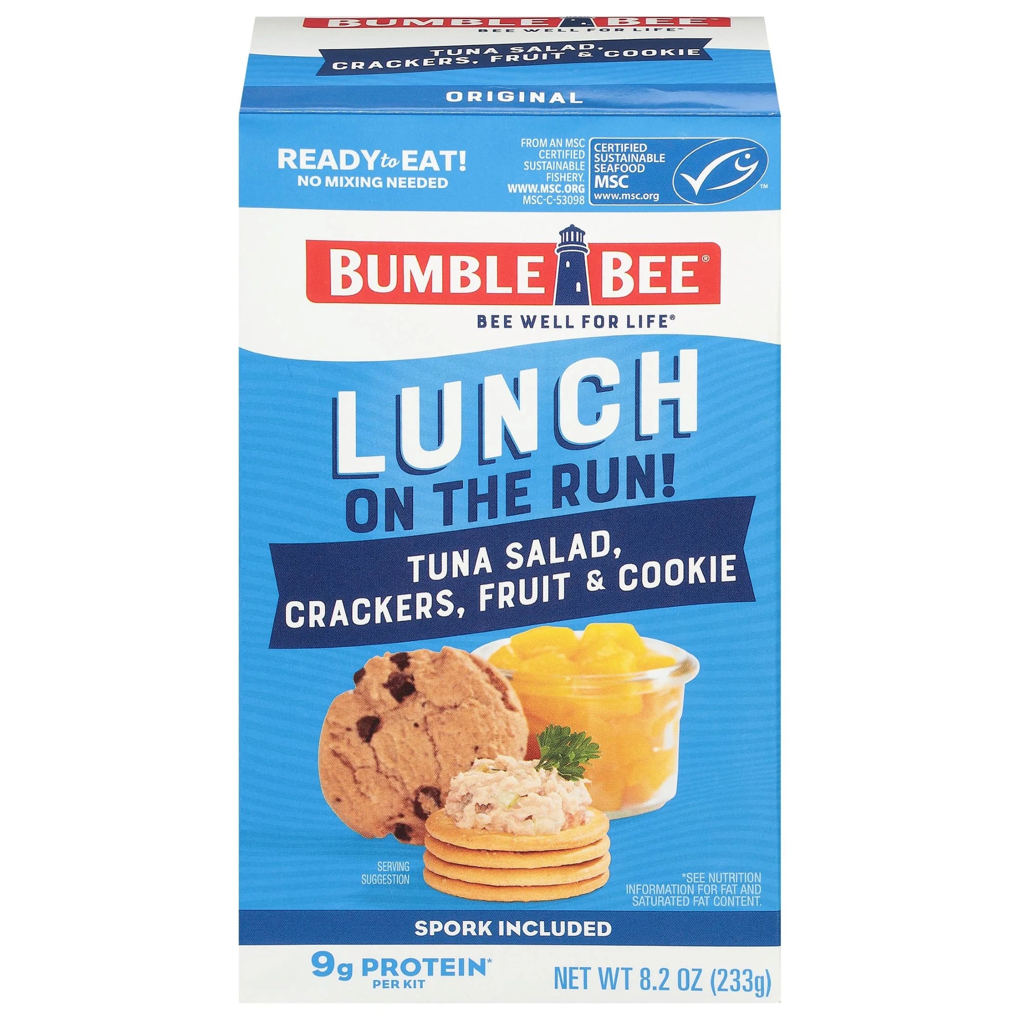 Bumble Bee Lunch on the Run Tuna Salad with Crackers Kit, Wild Caught, Ready to Eat, Includes Peach Cup and Cookie, Shelf Stable Box, 8.2 Oz