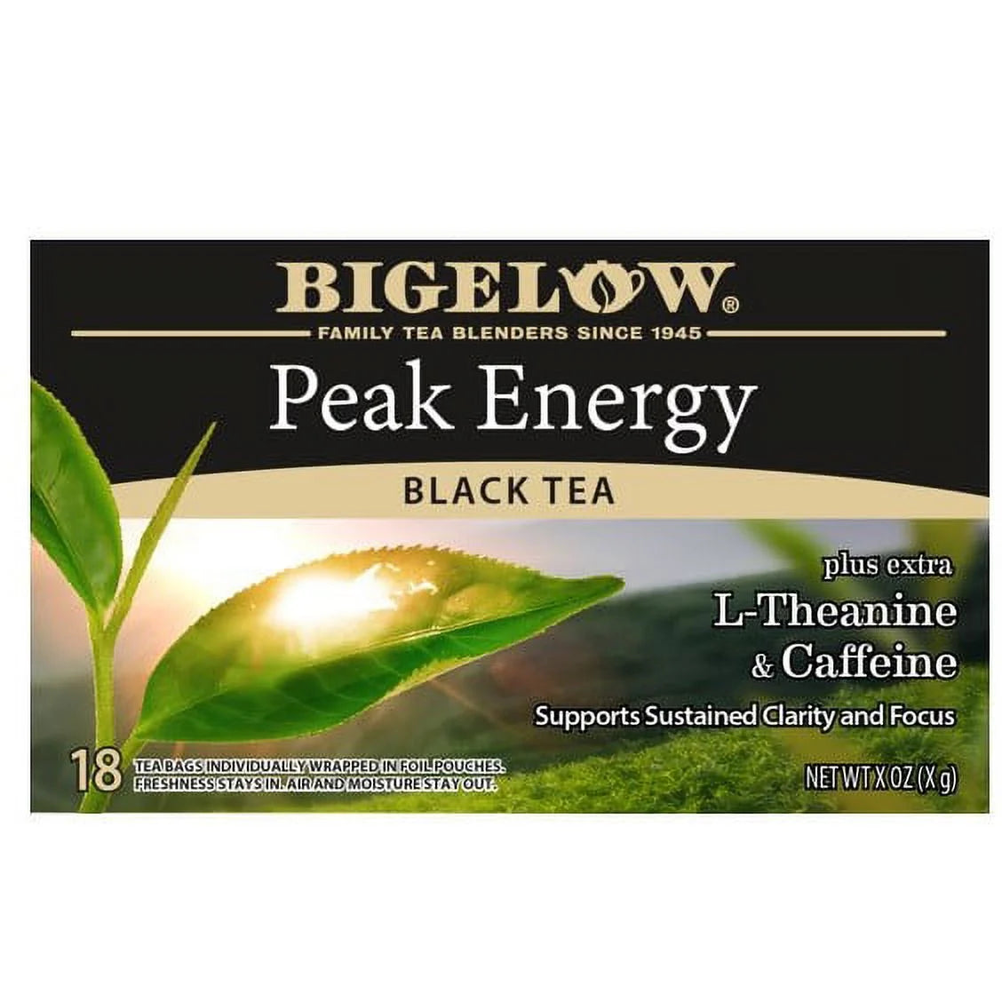 Bigelow Peak Energy plus Extra L-Theanine & Caffeine, Black Tea Bags, 18 Count