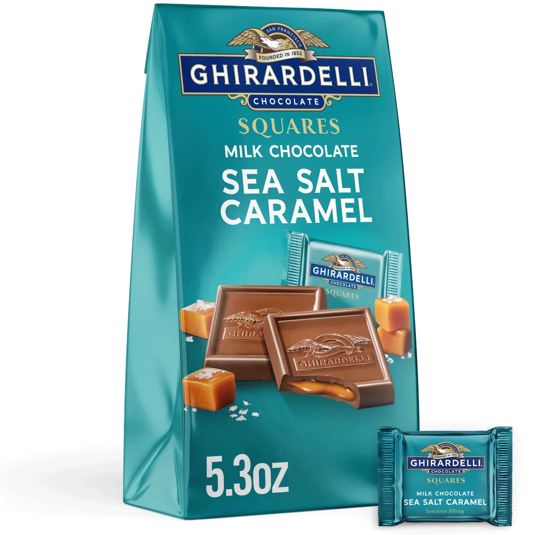 GHIRARDELLI Milk Chocolate Candy SQUARES with Sea Salt Caramel Filling, 5.3 Oz Bag