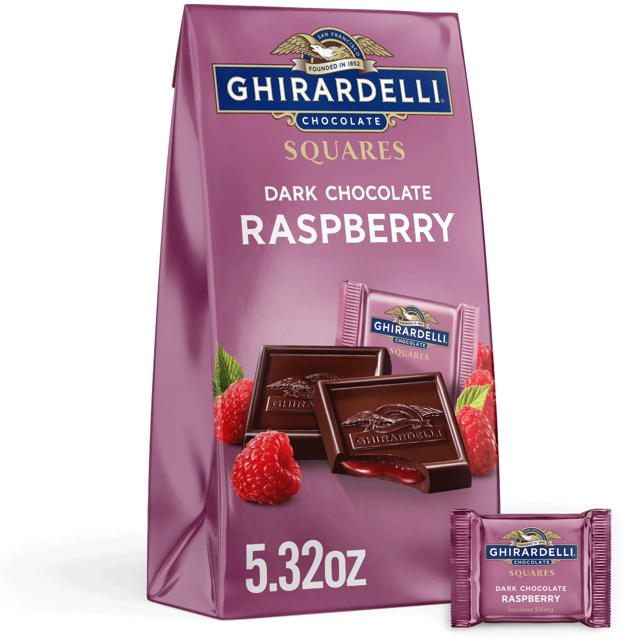GHIRARDELLI 5.32 Oz Dark Chocolate Candy SQUARES with Raspberry Filling, 5.32 Oz Bag