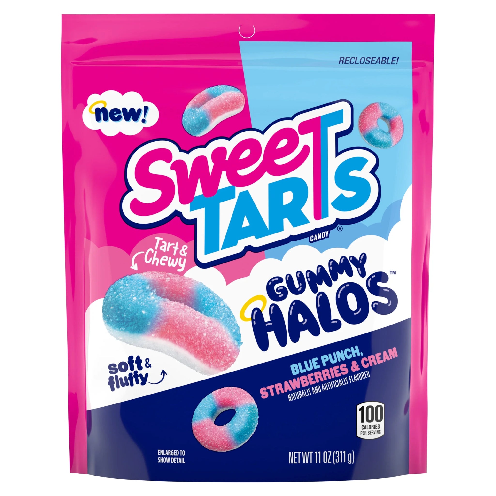 Sweetarts Gummy Halos, Candy, Blue Punch and Strawberries and Cream, Tart and Chewy, Soft and Fluffy, 11 Oz Bag