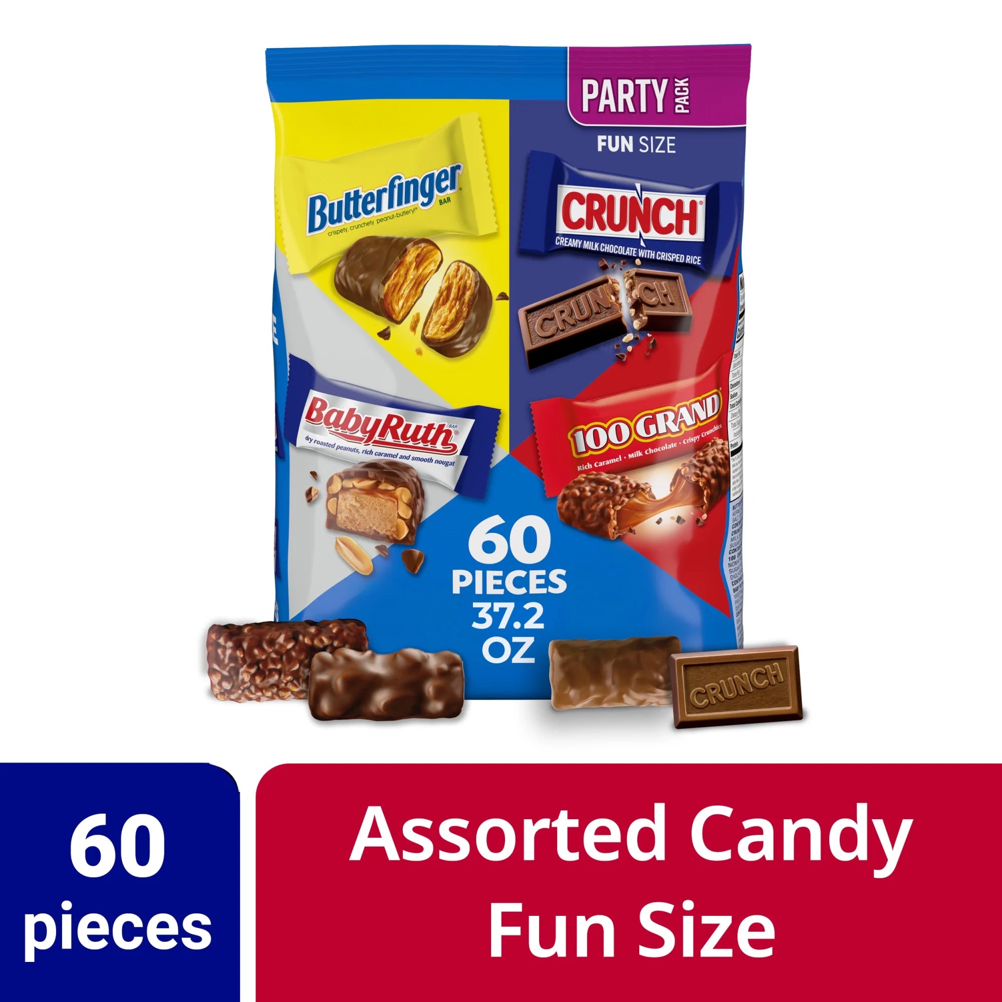 Butterfinger, CRUNCH, Baby Ruth and 100 Grand, Bulk 60 Pack, Assorted Halloween Fun Size Chocolate Candy Bars, 37.2 Oz