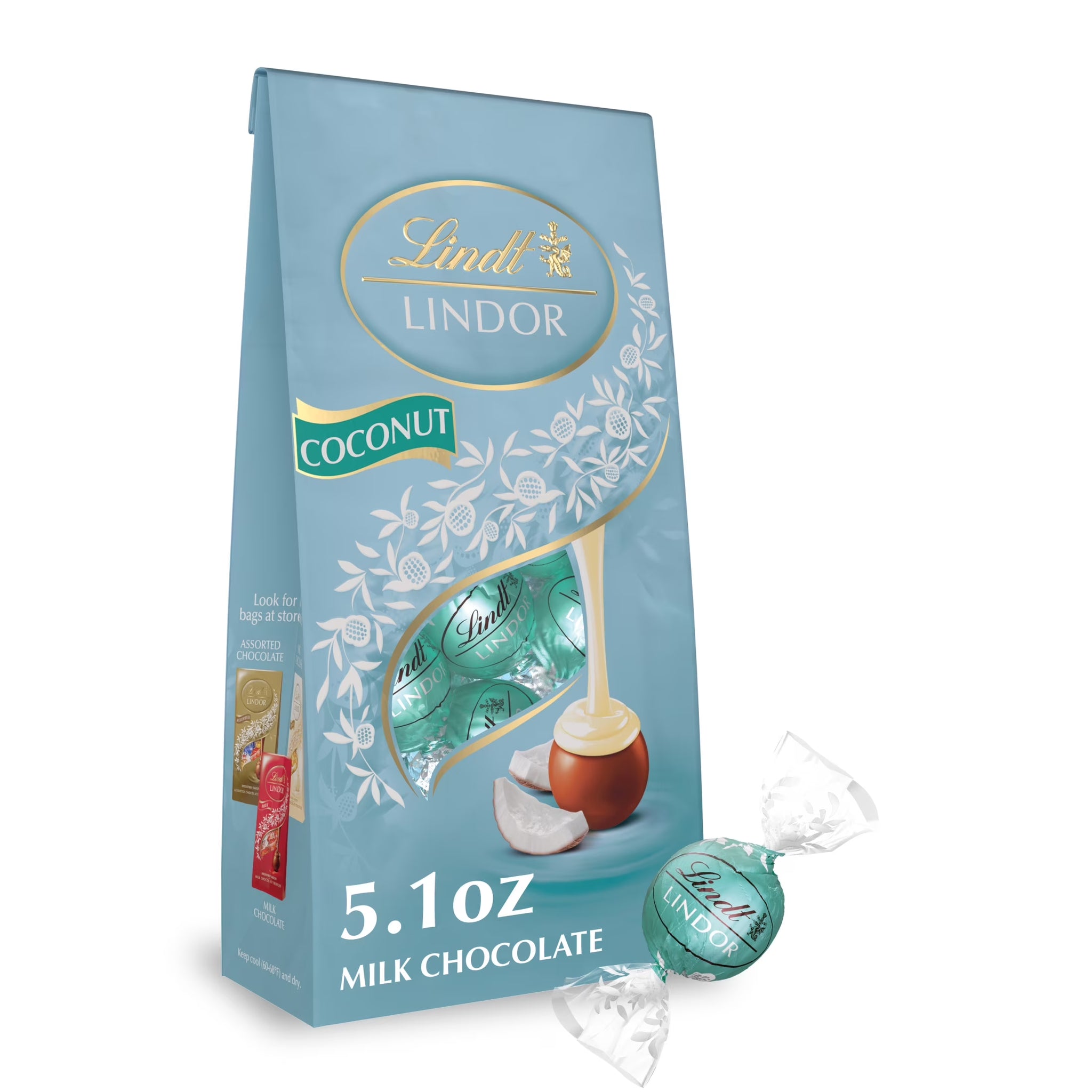 Lindt Lindor Coconut Milk Chocolate Candy Truffles, 5.1 Oz. Bag