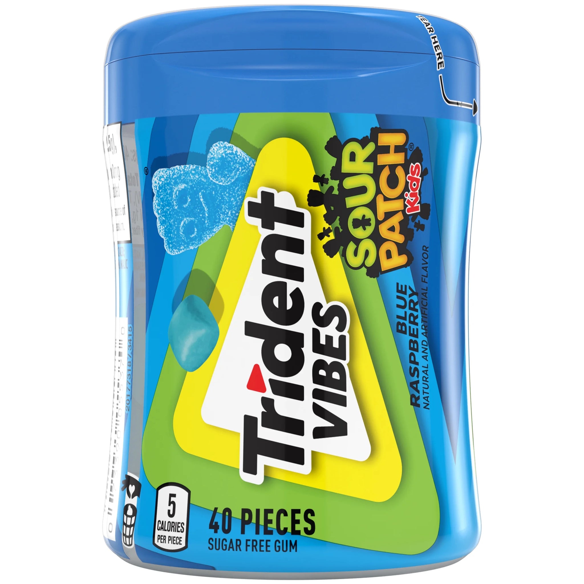 Trident Vibes 40PC SF Sour Patch Kids Sugar Free Gum, Blue Raspberry, Regular Size, 40 Piece Bottle