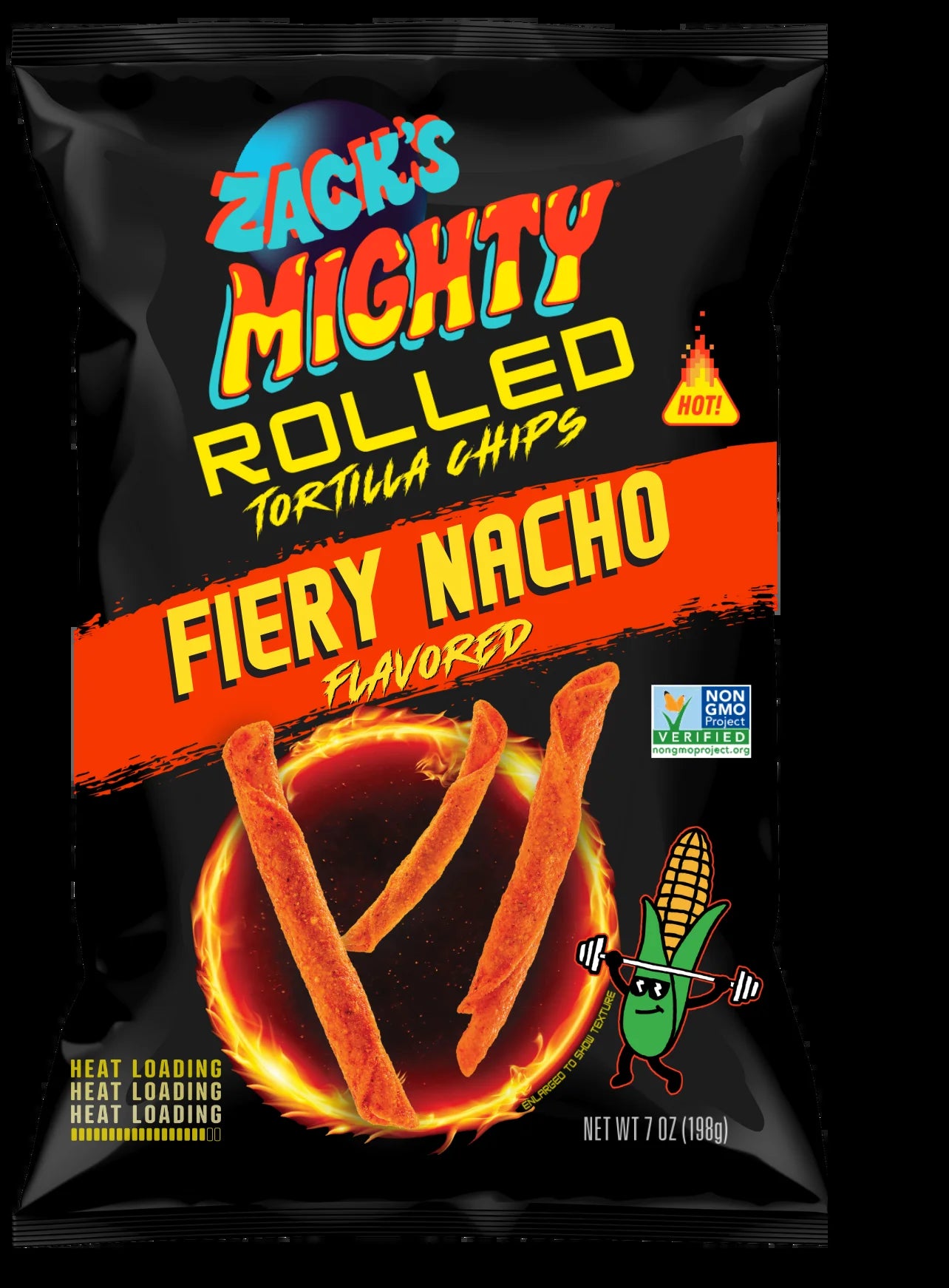Zack'S  7 Oz Mighty Fiery Nacho Rolled Tortilla Chips, 7 Oz Film Bag, No Artificial Colors or Dye