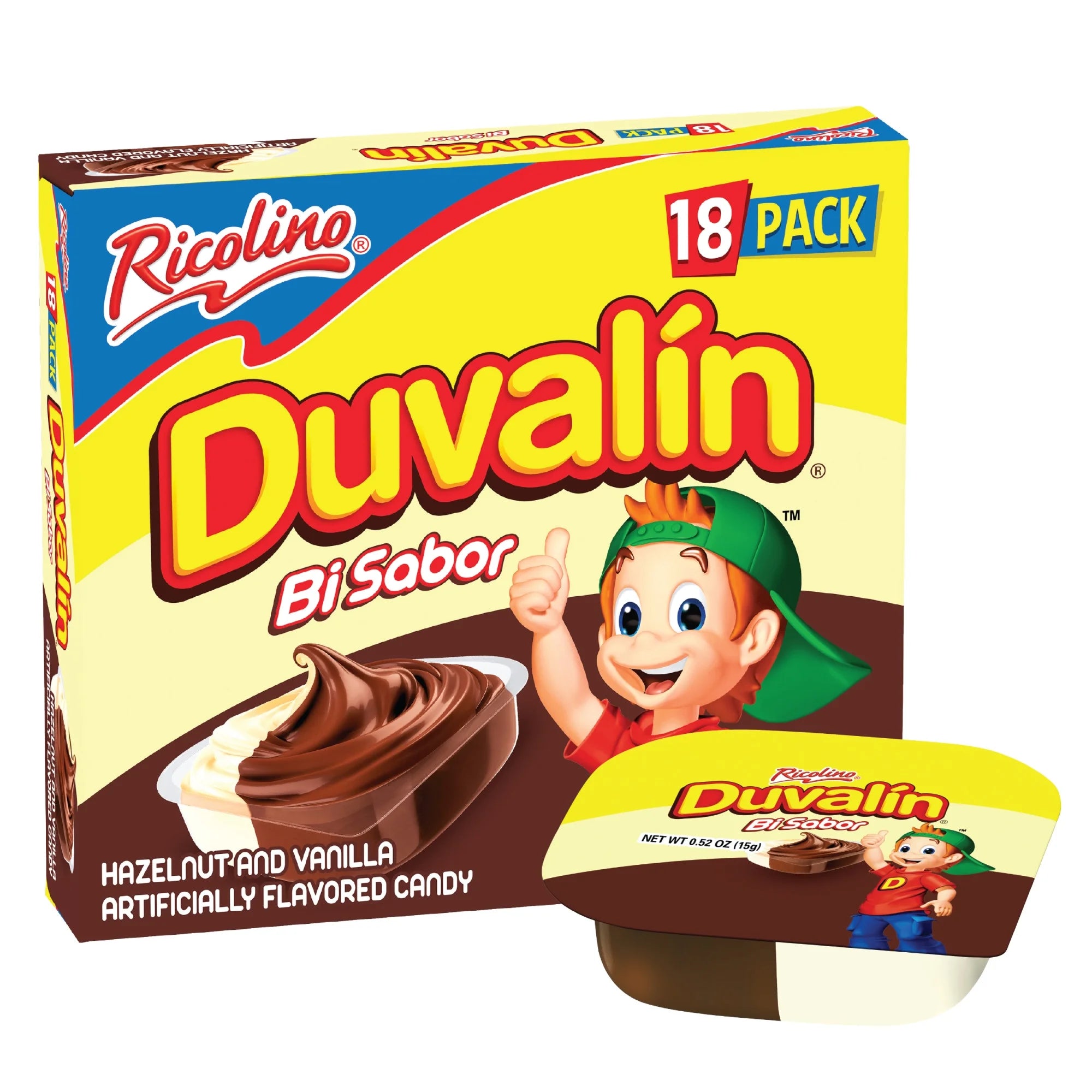 Ricolino Duvalin Hazelnut and Vanilla Artificially Flavored Candy Spread, 9.36 Ounces Treat, 18 Count Box