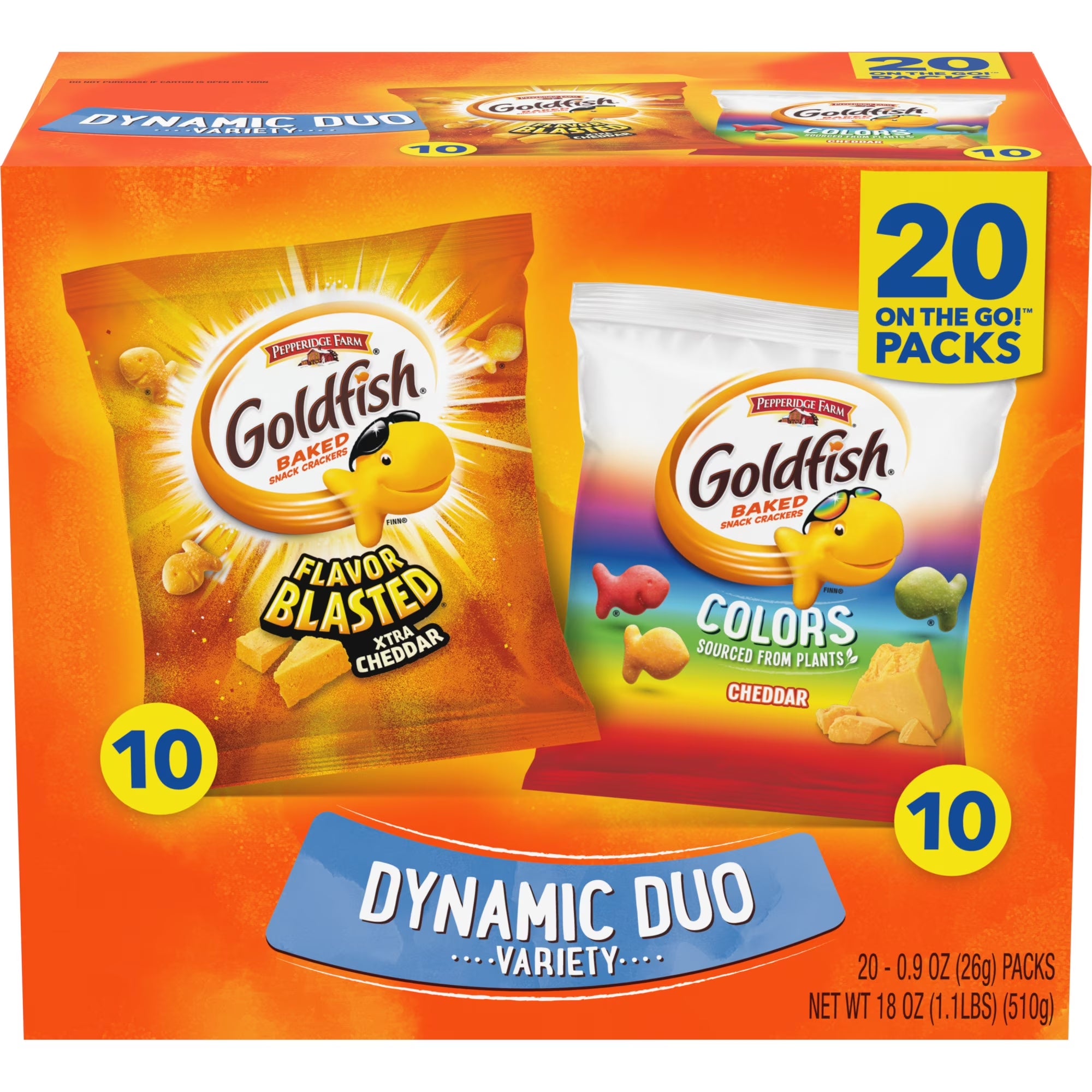 Goldfish Dynamic 0.9 Oz, 20CT Duo Colors Crackers, Cheddar & Flavor Blasted Xtra Cheddar Snack Pack, 0.9 Oz, 20-Count Variety Pack Box