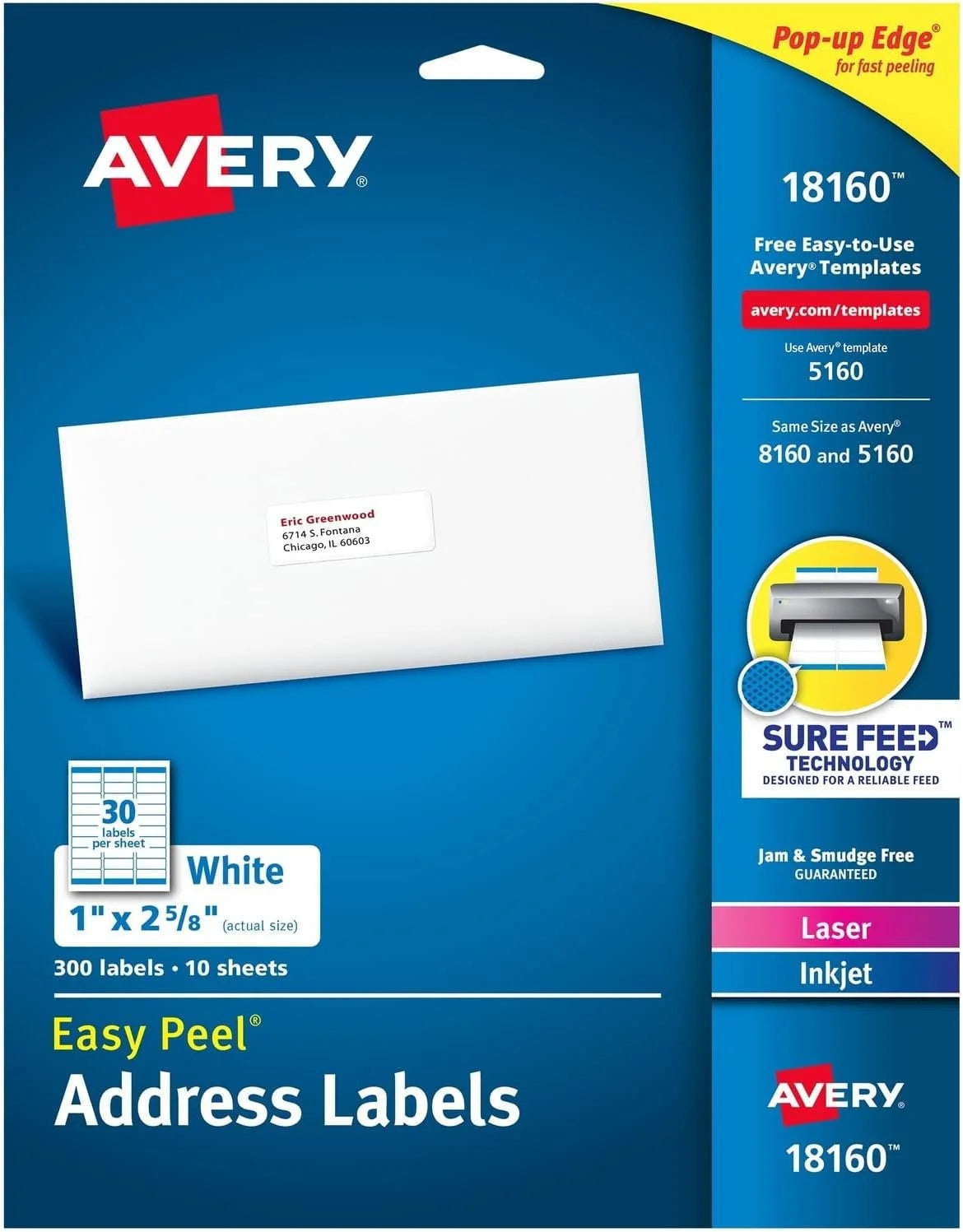 Avery Mailing Address Labels, Laser and Inkjet Printers, 300 Labels, Permanent Adhesive (18160), White