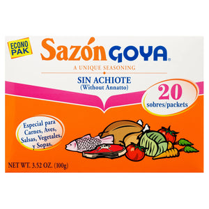 Goya Sazon Sin Achiote (Without Annatto) 3.52 Oz, 20 Packets/Sobres