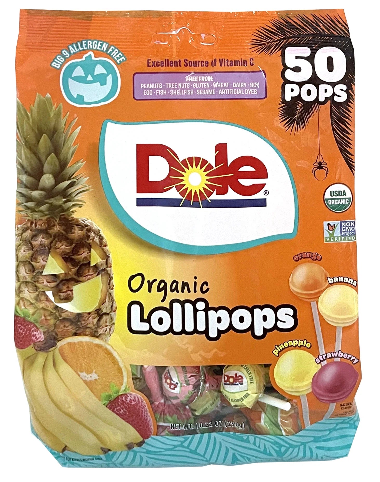 Flix Candy Dole Halloween Lollipop Bag – 50 Count – Big 9 Allergen Free, Organic, Vegan Candy