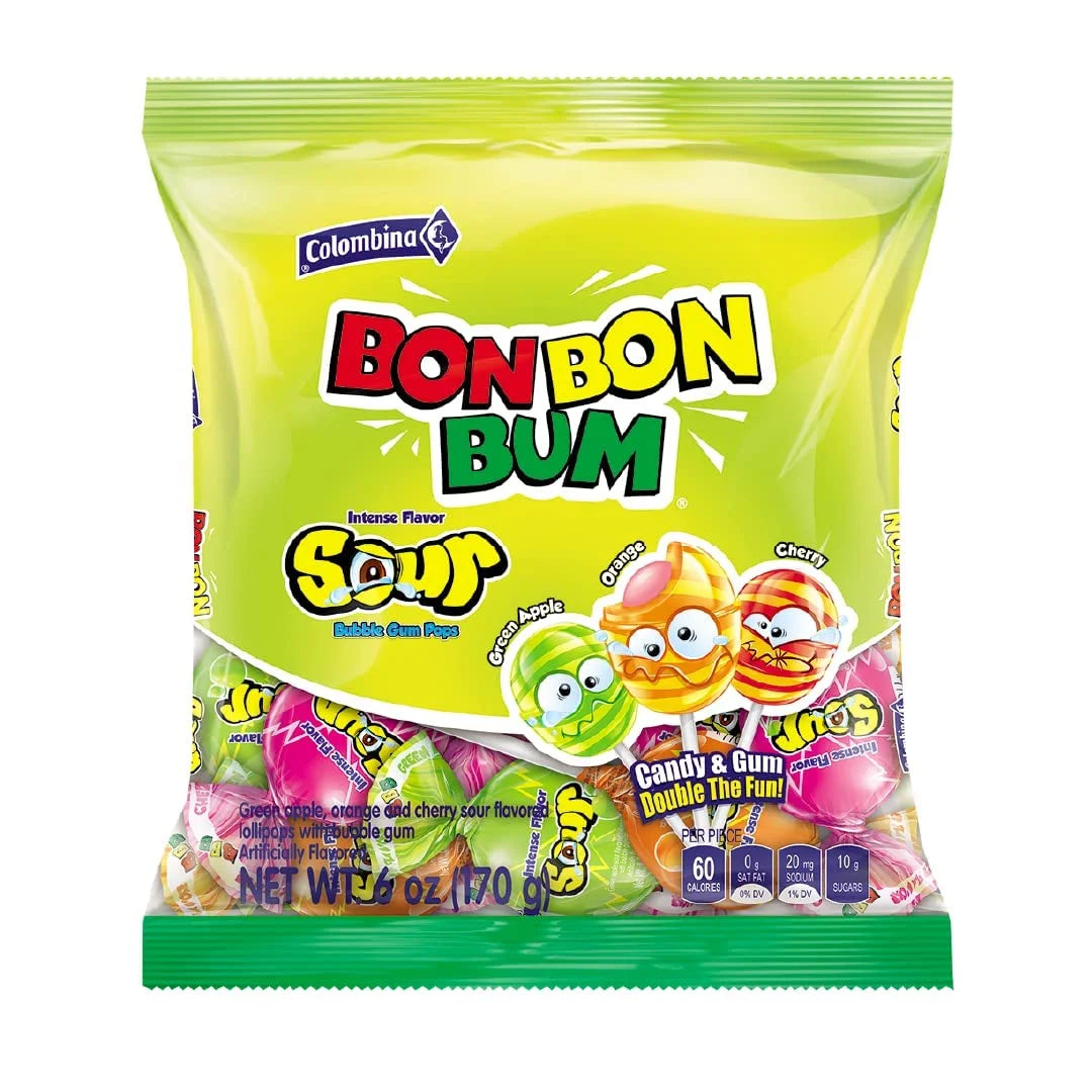Colombina Bon Bon Bum Bubble Gum Pops Sour 6Oz (Pack of 12)
