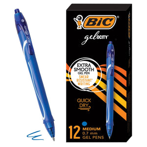 BIC Gel-Ocity Retractable Quick Dry Gel Pen, Medium Point, Blue, 12-Count