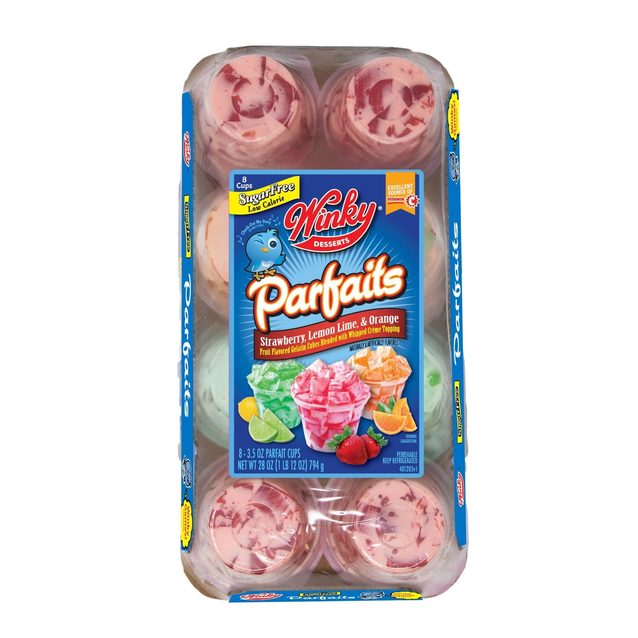 Winky 28OZ 8PK SF Parfait Sugar Free Parfait Gelatin, Strawberry, Lemon-Lime, Orange, 8Pk Plastic Cups, Refrigerated, Gluten-Free