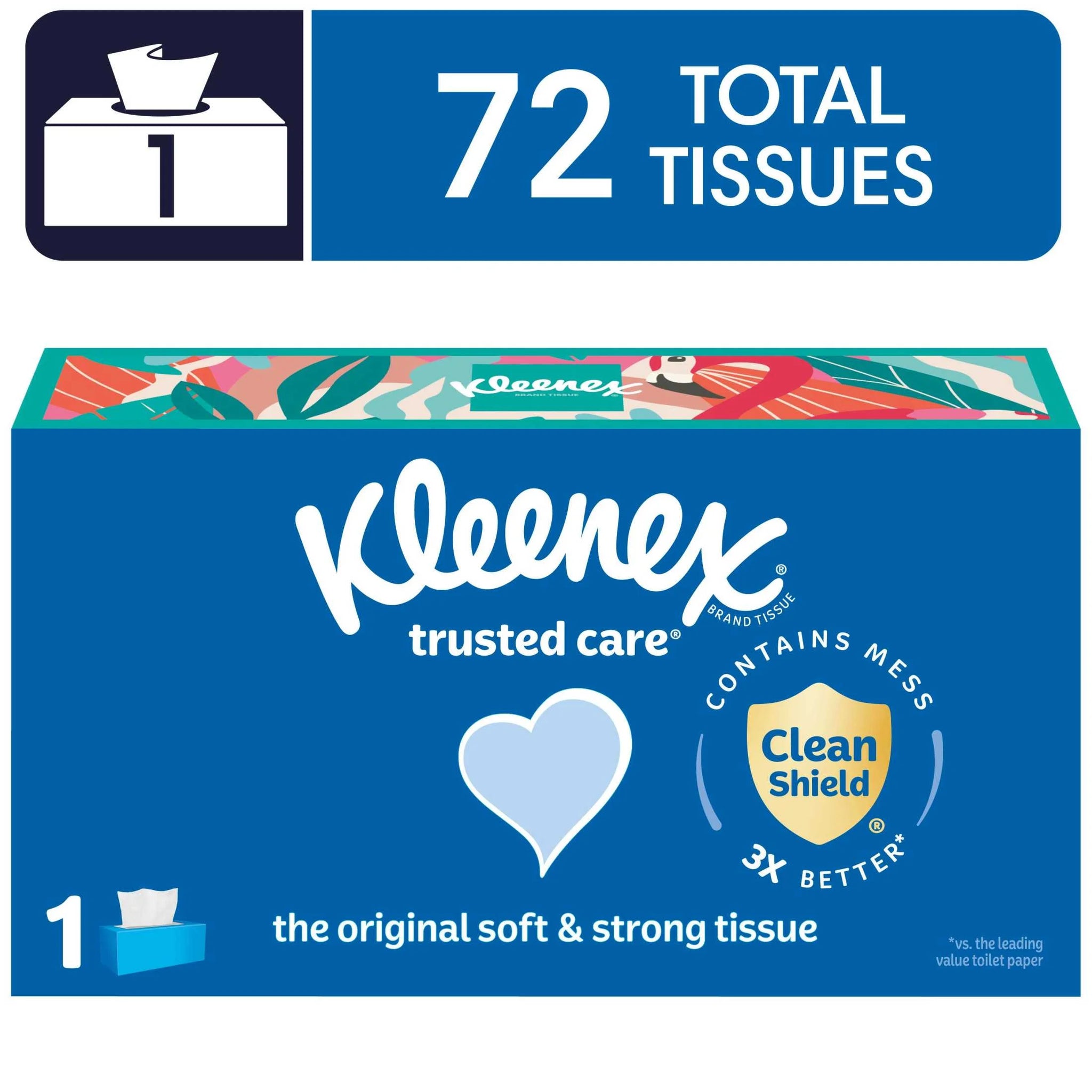 Kleenex Trusted Care Facial Tissues, 1 Flat Box, 72 Tissues per Box, 2-Ply