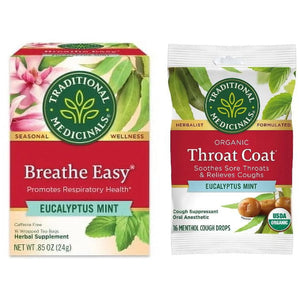 Traditional Medicinals Bundle: Breathe Easy Tea Bags 16 Count, and Organic Throat Coat Drops Eucalyptus Mint 16 Ct