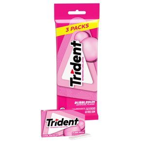 Trident Sugar Free Gum, Bubblegum, 3 Packs of 14 Regular Size Pieces (42 Total Pieces)
