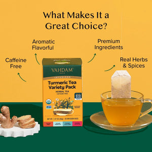 VAHDAM, Organic Turmeric Tea Variety Pack, 20 Count, Assorted Herbal Tea Sampler