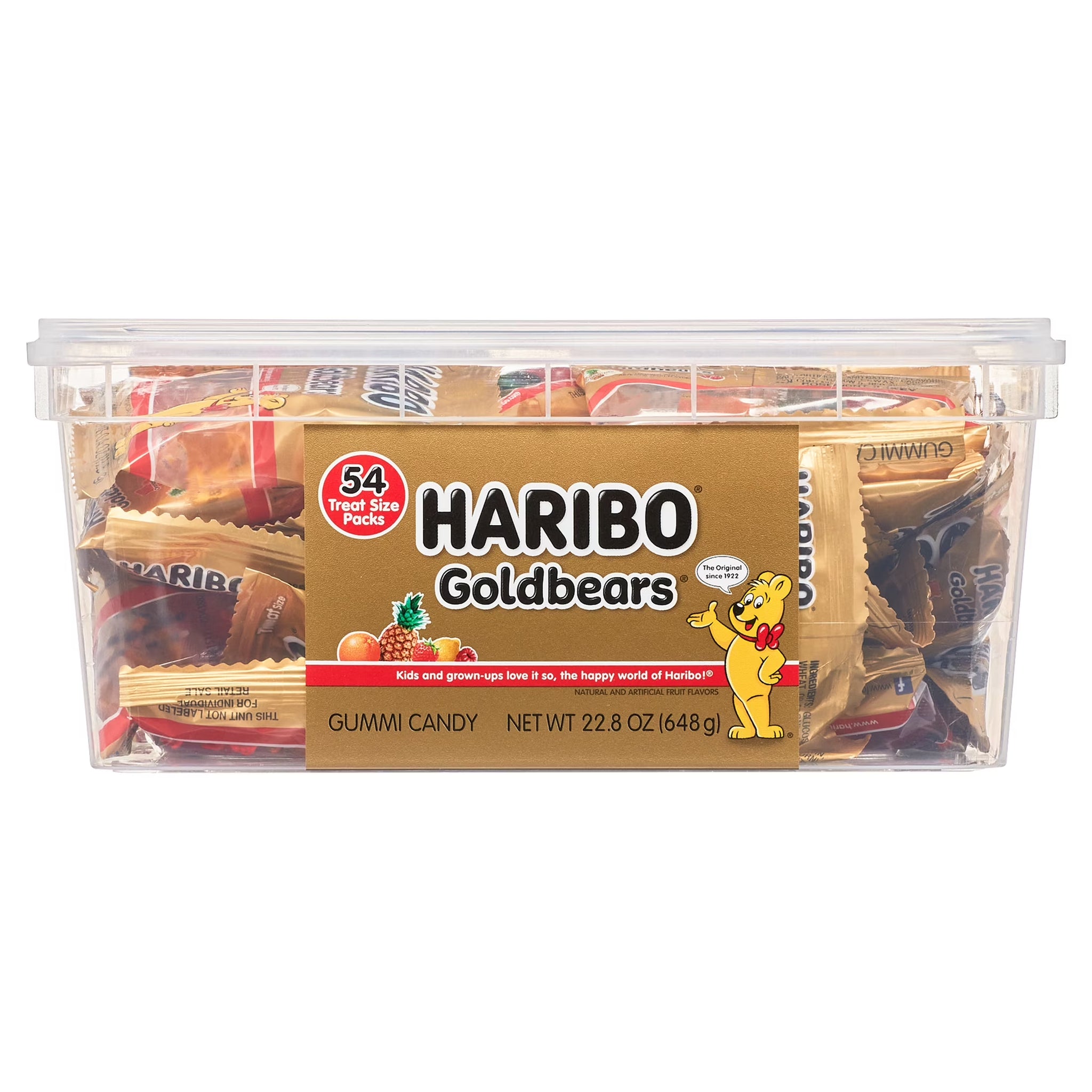HARIBO Goldbears Gummy Bears Original Assorted Fruit Flavor Candy Gummies, Candy Tub, 22.8Oz, 54Ct Mini Gummy Pouches