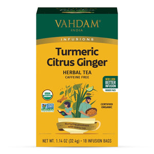VAHDAM, Organic Turmeric Citrus Ginger Herbal Tea Bags (18 Count) Eco-Friendly Tea Bags