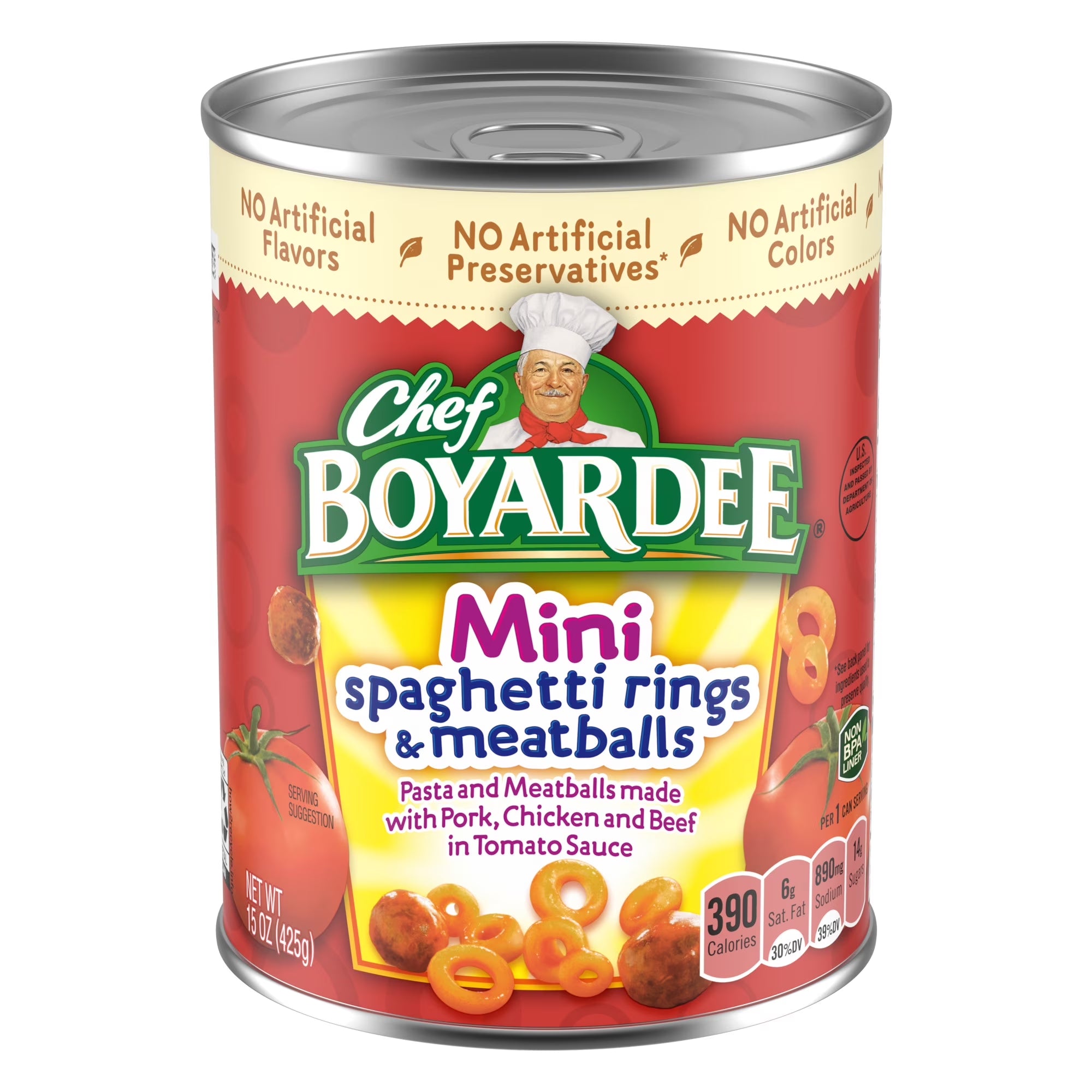 Chef Boyardee 15 Oz Mini Spaghetti Rings and Meatballs in Tomato Sauce, Ready-To-Eat Meal, 15 Oz. Can