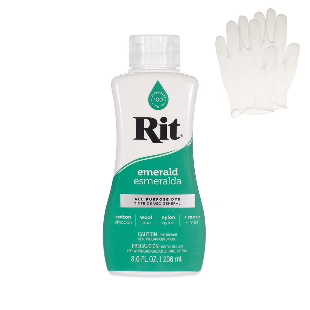 Rit All Purpose Emerald 8 Fl Oz Liquid Dye for Cotton, Linen, Rayon, Silk, Wool, and Nylon Fabrics – Emerald 8 Fl Oz. with Gloves Included