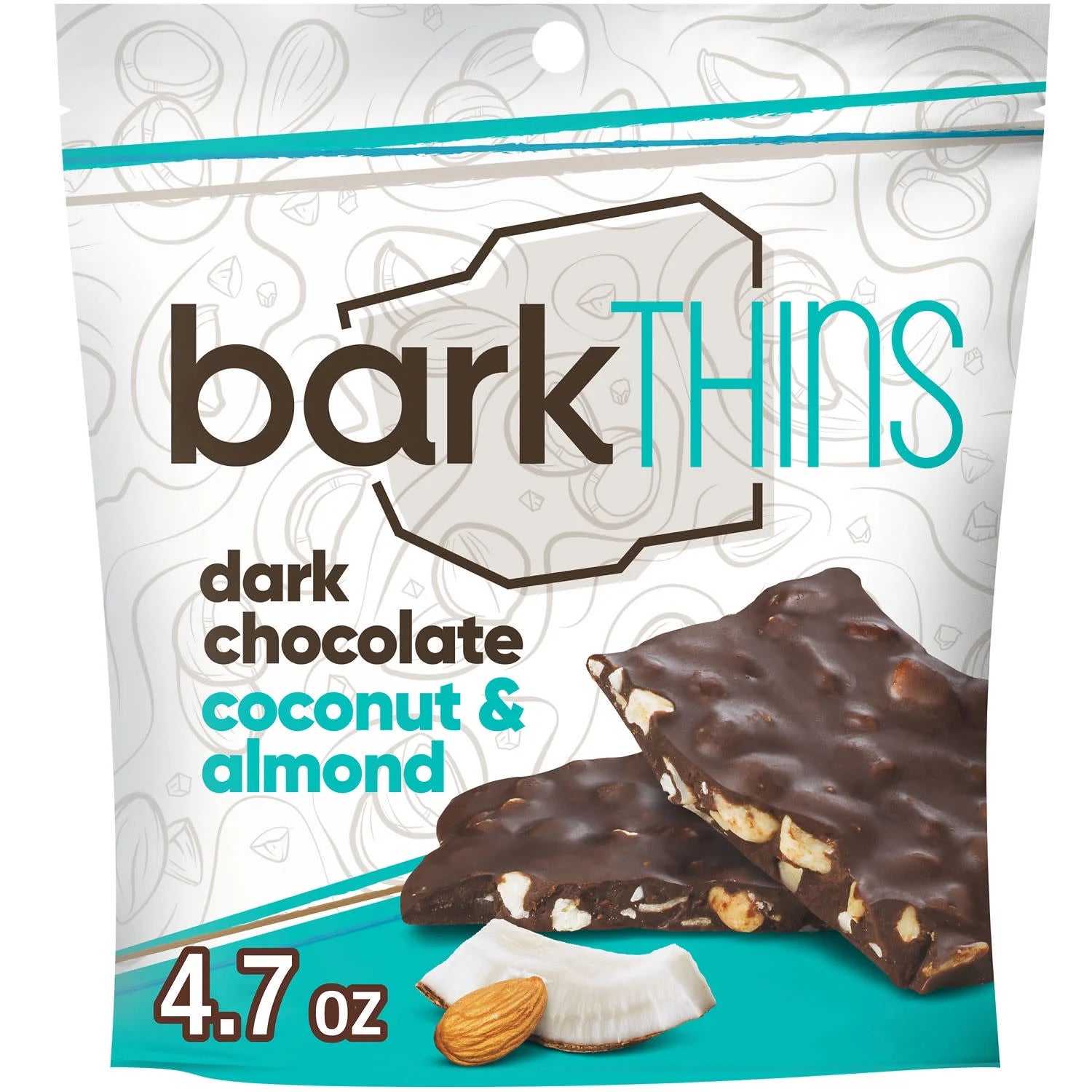 Barkthins Dark Chocolate, Coconut and Almond Snacking Chocolate, Bag 4.7 Oz