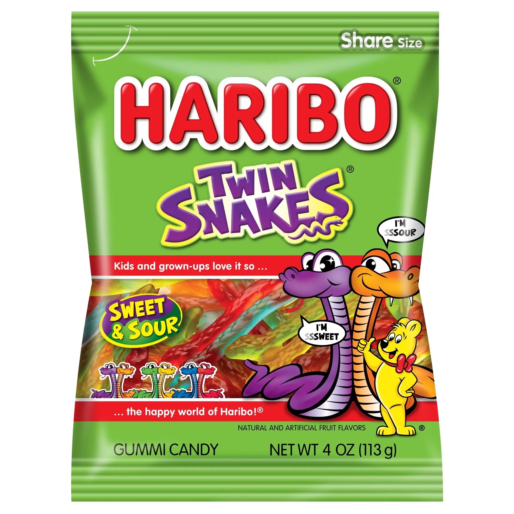 HARIBO Twin Snakes Gummies Original Sweet and Sour Assorted Fruit Flavor Gummy Candy, 4 Oz, Share Size Peg Bag