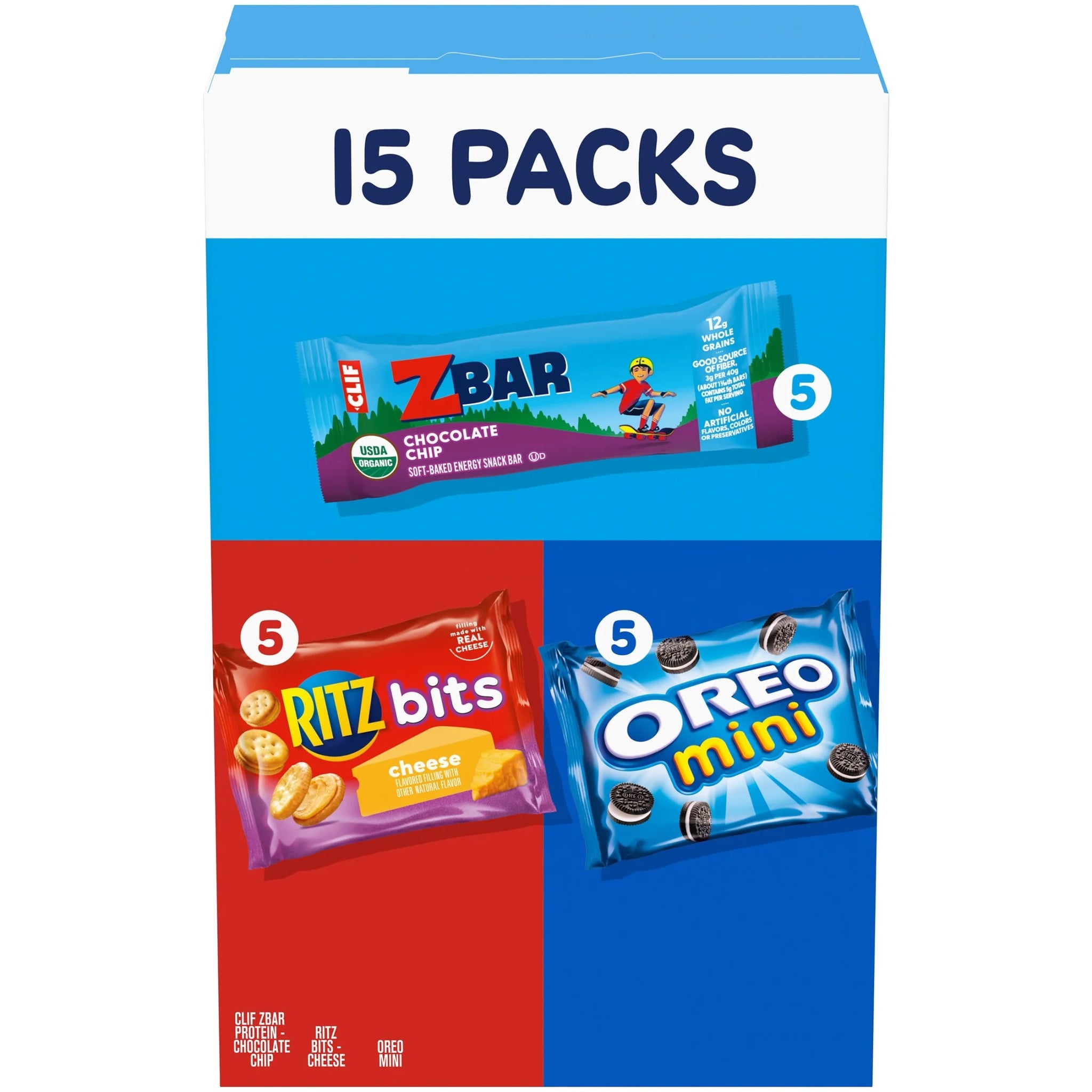15PK Zbar, Snack Bars,Variety Pack RITZ Bits Crackers & OREO Mini Cookies, Variety Pack, 15 Snack Packs